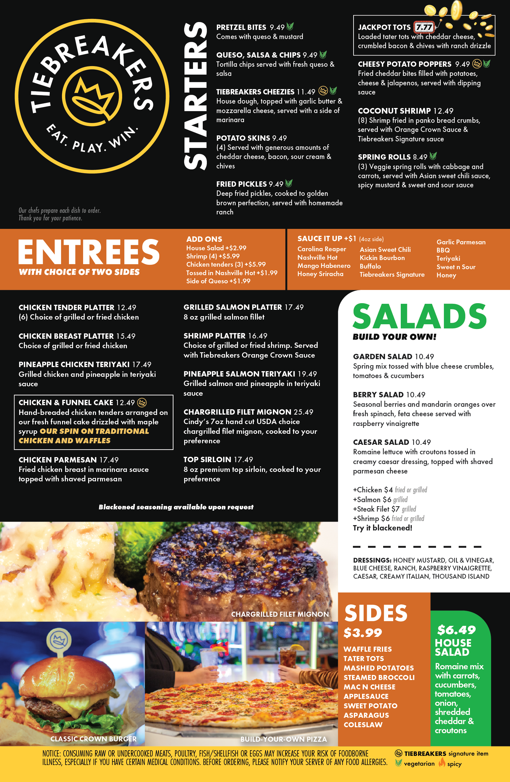 Food menu for Tiebreakers restaurant